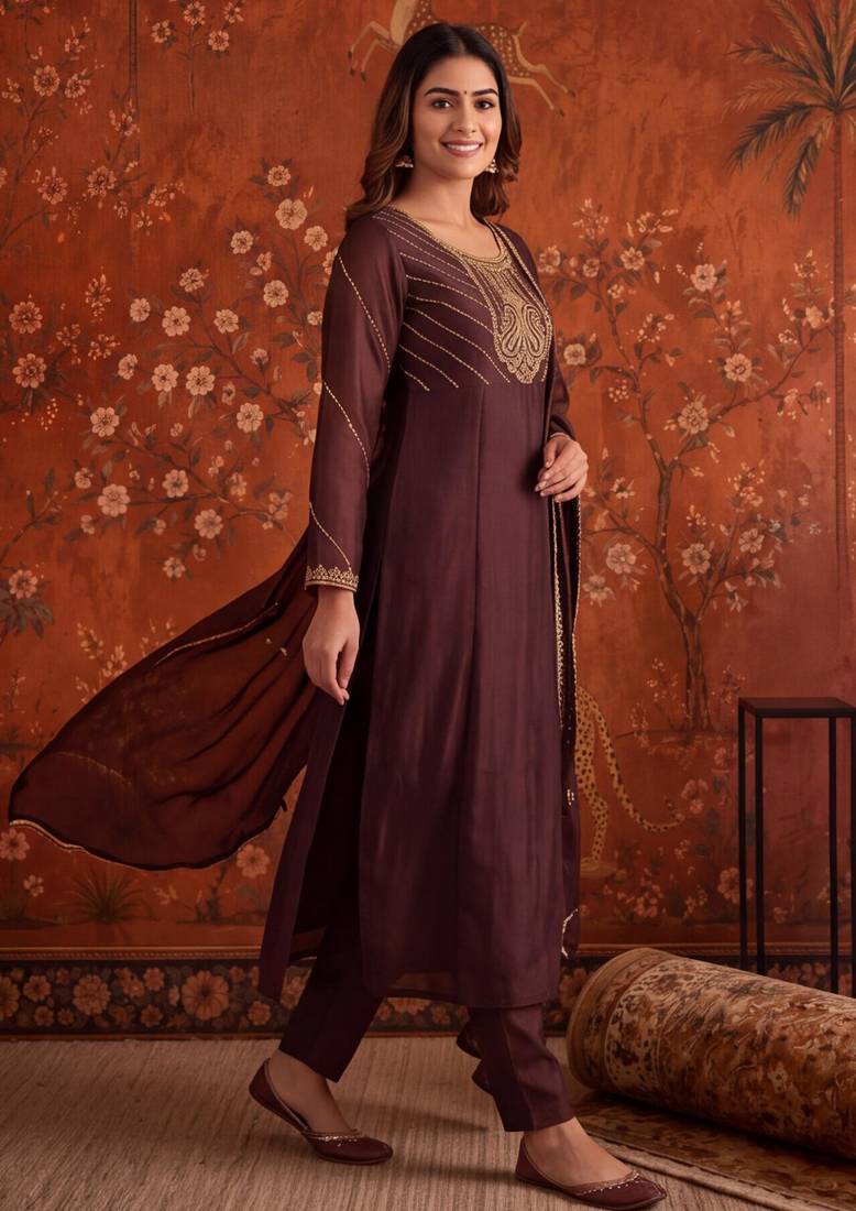 Coffee silk blend embroidered palazzo set