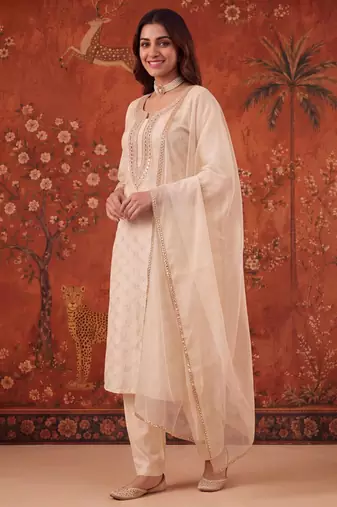 Off-white chanderi silk embroidered churidar set