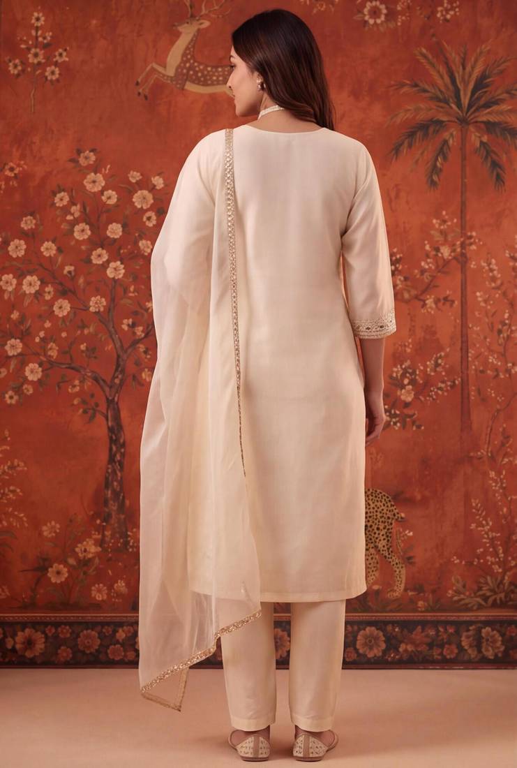 Off-white chanderi silk embroidered churidar set