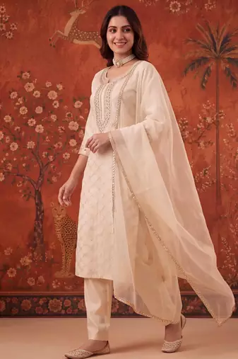 Off-white chanderi silk embroidered churidar set