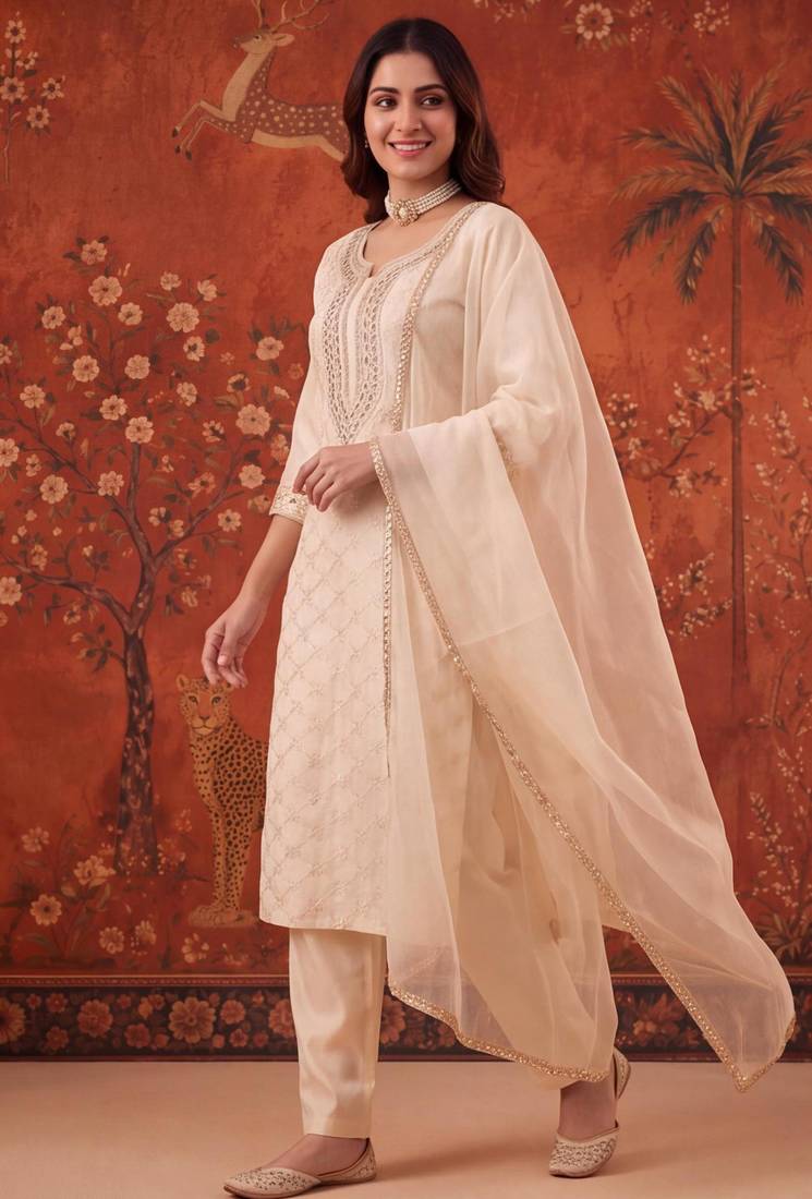 Off-white chanderi silk embroidered churidar set