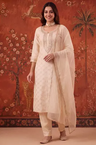 Off-white chanderi silk embroidered churidar set