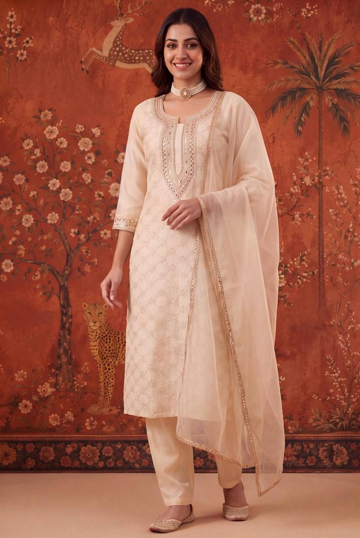 Off-white chanderi silk embroidered churidar set