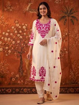 Off-white cotton embroidered churidar set 1