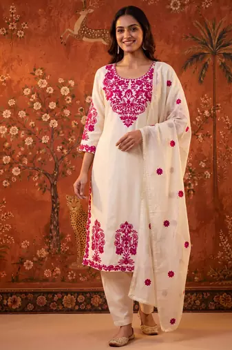 Off-white cotton embroidered churidar set