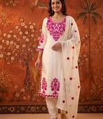 Off-white cotton embroidered churidar set