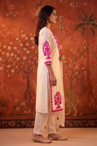 Off-white cotton embroidered churidar set