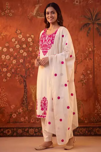 Off-white cotton embroidered churidar set