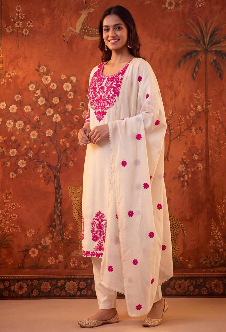 Off-white cotton embroidered churidar set