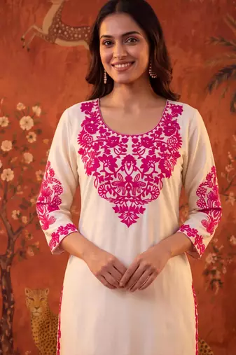 Off-white cotton embroidered churidar set