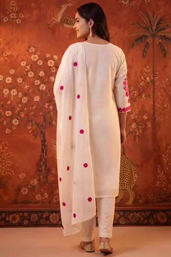 Off-white cotton embroidered churidar set