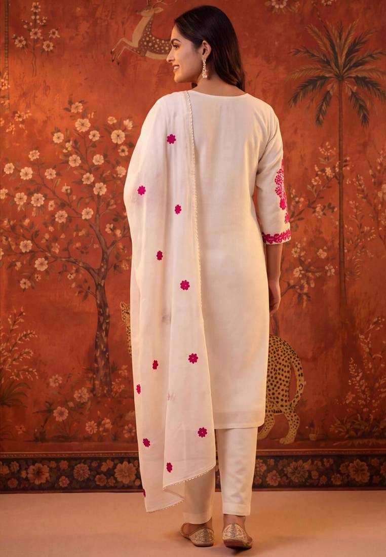 Off-white cotton embroidered churidar set