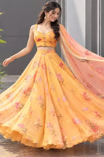 multicolor organza printed designer lehenga-choli
