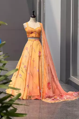 multicolor organza printed designer lehenga-choli