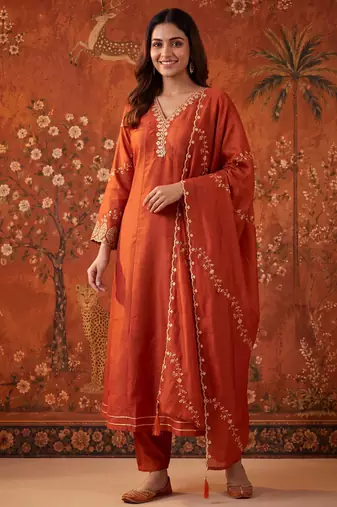 Orange silk blend embroidered churidar set