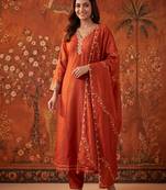 Orange silk blend embroidered churidar set