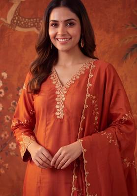 Orange silk blend embroidered churidar set 2