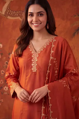 Orange silk blend embroidered churidar set