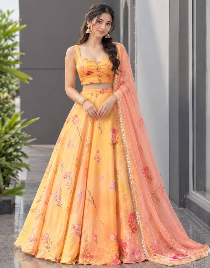 multicolor organza printed designer lehenga-choli