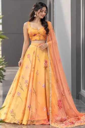 multicolor organza printed designer lehenga-choli