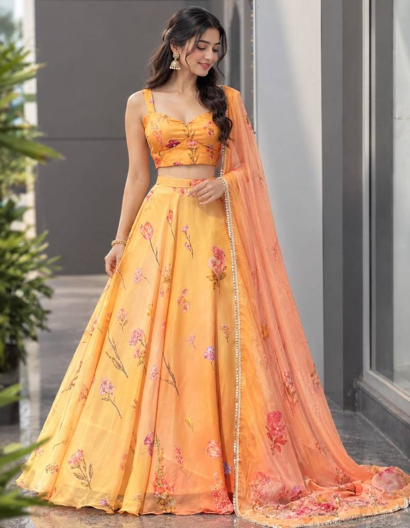 multicolor organza printed designer lehenga-choli