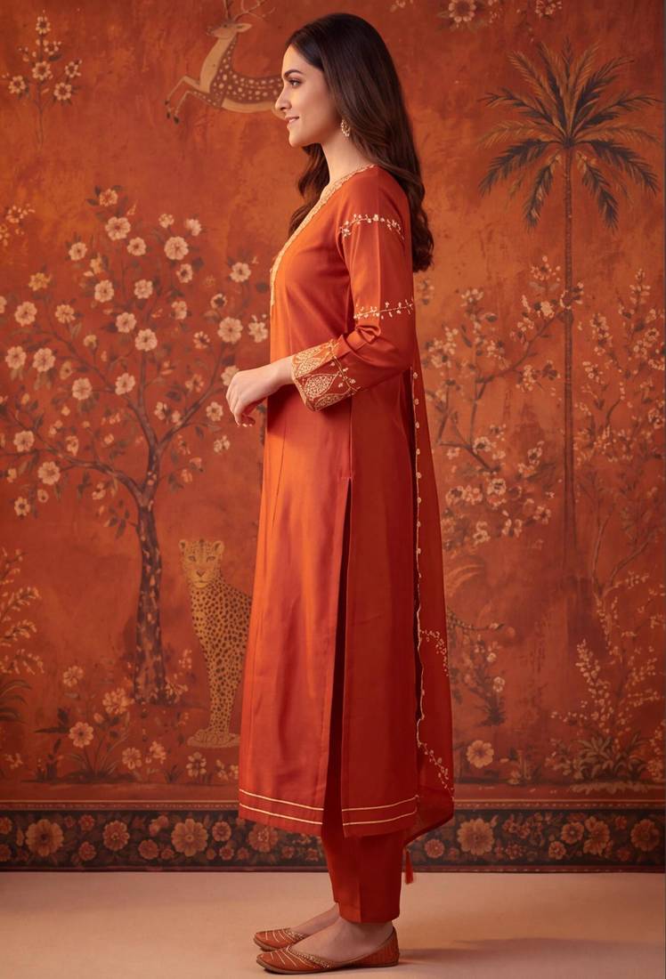 Orange silk blend embroidered churidar set