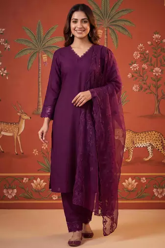 Wine silk blend embroidered churidar set