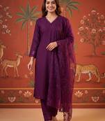 Wine silk blend embroidered churidar set