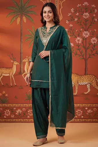 Green silk blend embroidered palazzo set