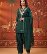 Green silk blend embroidered palazzo set