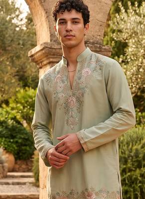 Light green gorgette kurta pant set with embroidery work 2