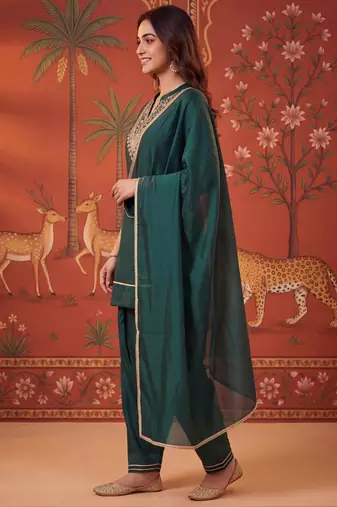 Green silk blend embroidered palazzo set