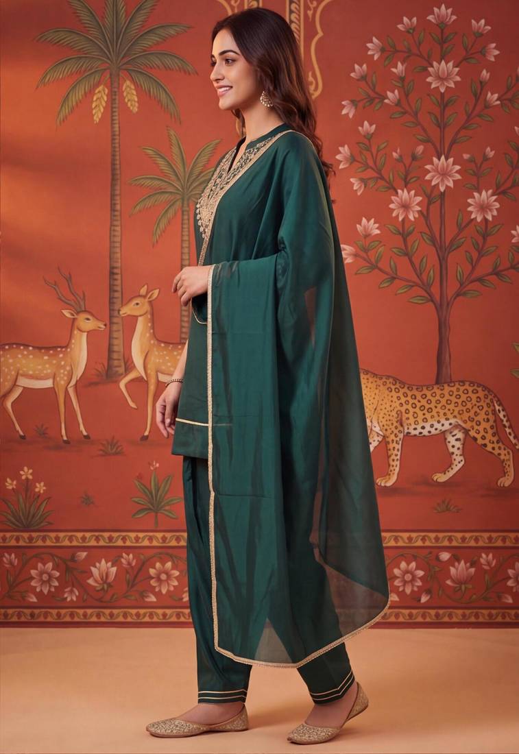 Green silk blend embroidered palazzo set