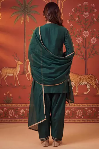 Green silk blend embroidered palazzo set