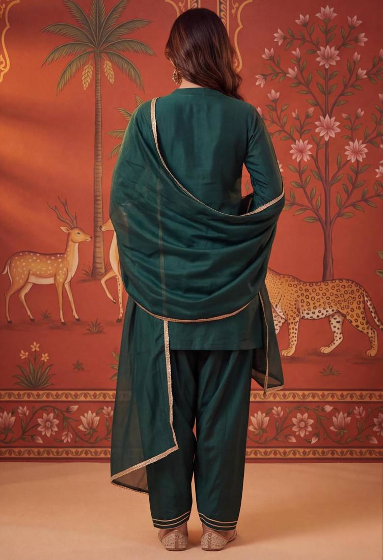Green silk blend embroidered palazzo set