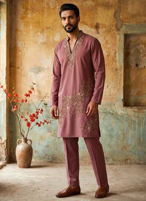 Peach green lachka kurta pant set with embroidery and sequence work 1