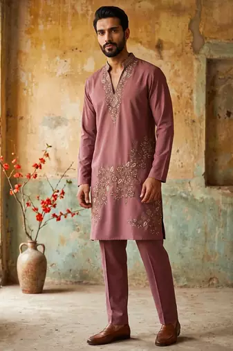 Peach green lachka kurta pant set with embroidery and sequence work