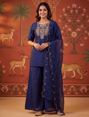 Navy-blue silk blend embroidered palazzo set 1
