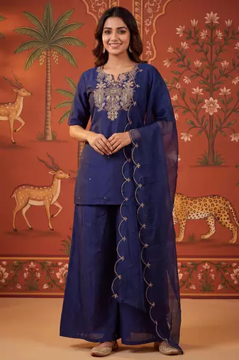 Navy-blue silk blend embroidered palazzo set