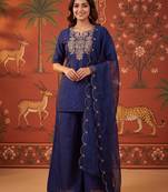 Navy-blue silk blend embroidered palazzo set