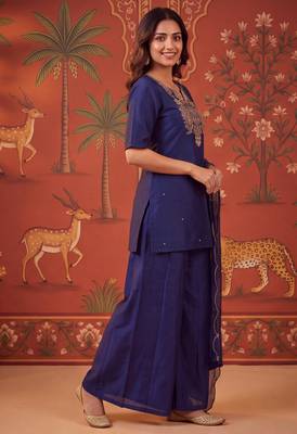 Navy-blue silk blend embroidered palazzo set 2