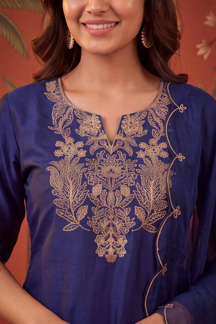 Navy-blue silk blend embroidered palazzo set
