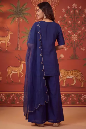 Navy-blue silk blend embroidered palazzo set