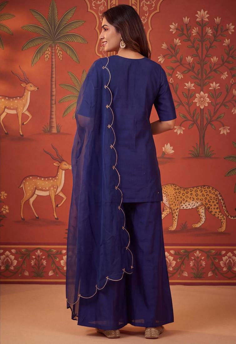 Navy-blue silk blend embroidered palazzo set