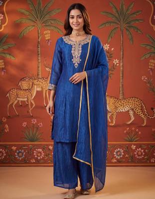 Royal-blue silk blend embroidered churidar set 1