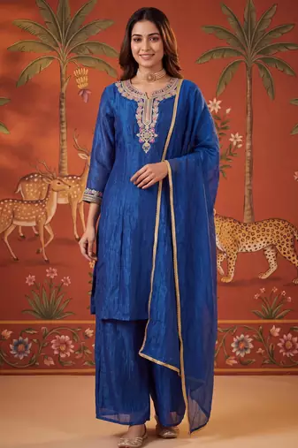 Royal-blue silk blend embroidered churidar set