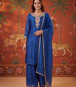 Royal-blue silk blend embroidered churidar set