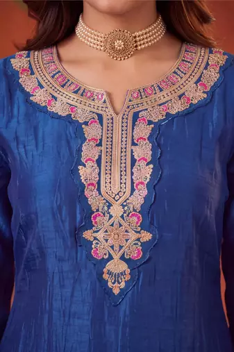 Royal-blue silk blend embroidered churidar set