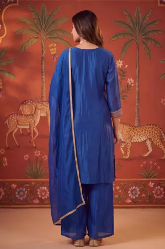 Royal-blue silk blend embroidered churidar set