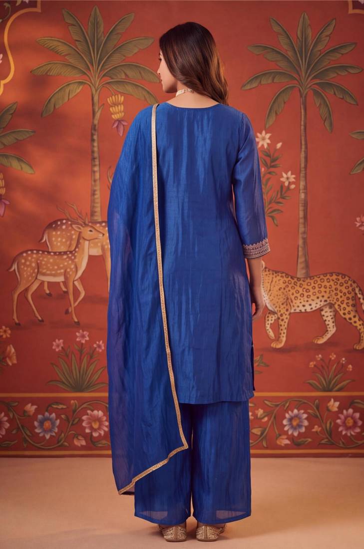 Royal-blue silk blend embroidered churidar set